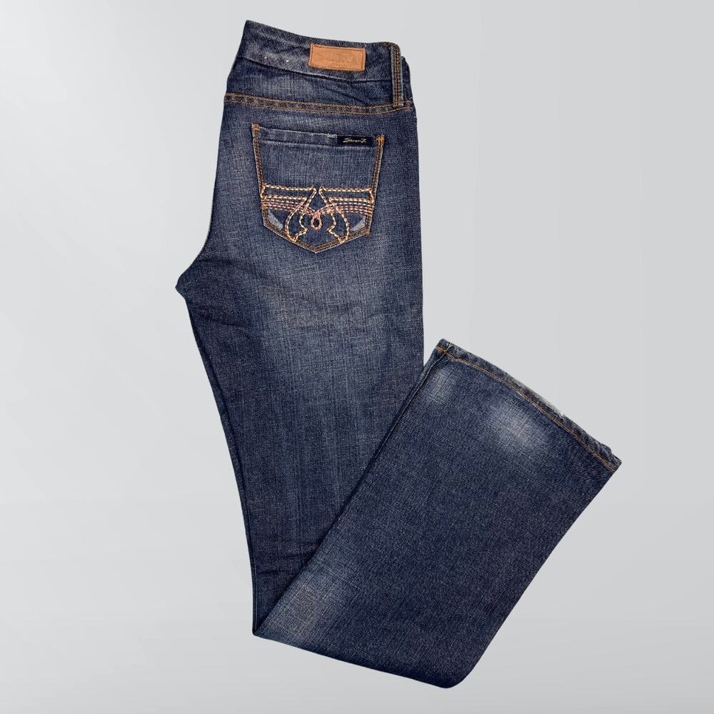 Vintage Seven7 Boot Cut Mid Rise Distressed Details Blue Jeans